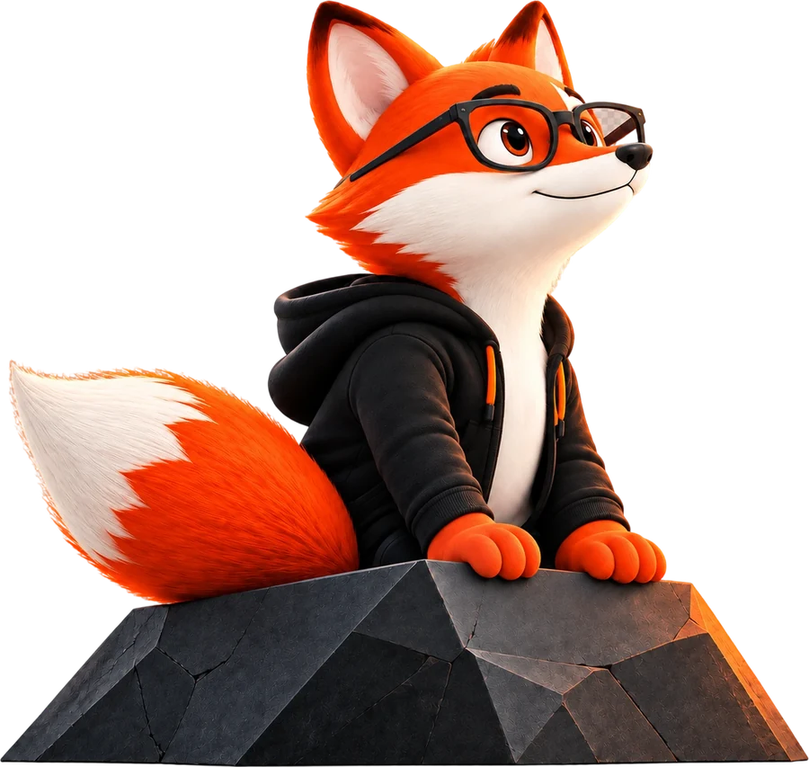 The MentorFox mascot, seated on a rock in a hoodie and glasses